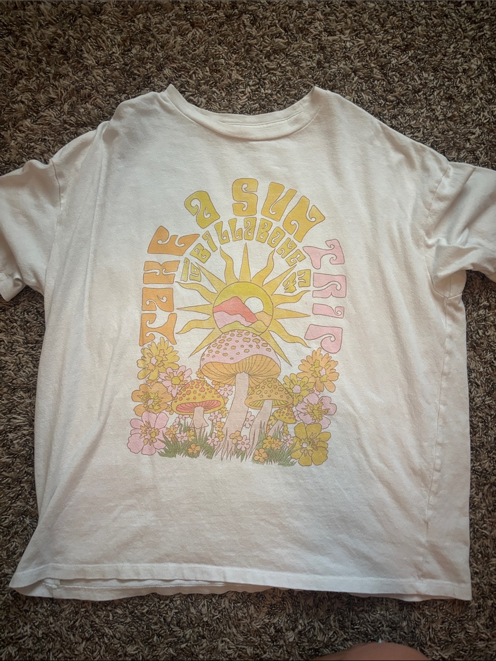 Billabong White Graphic Tee with Pastel Sun, Mushroom & Floral Print